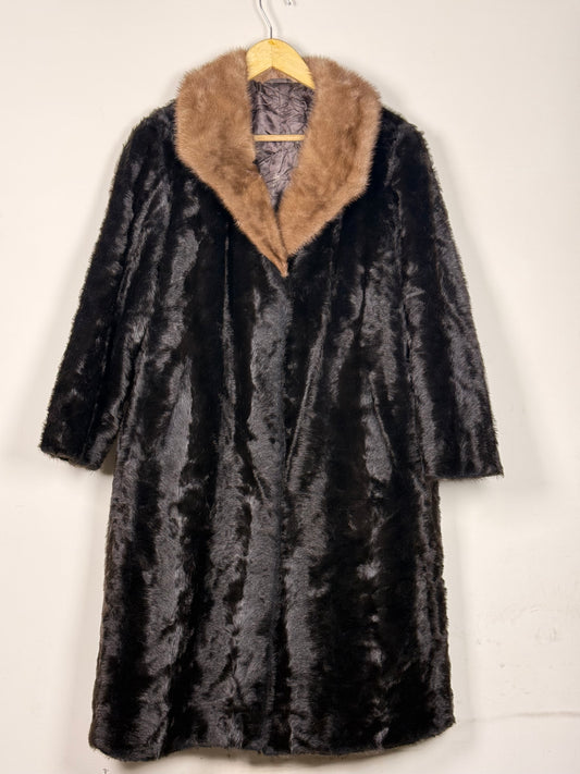 Winter Glam: Black Faux Fur Coat with Tan Collar