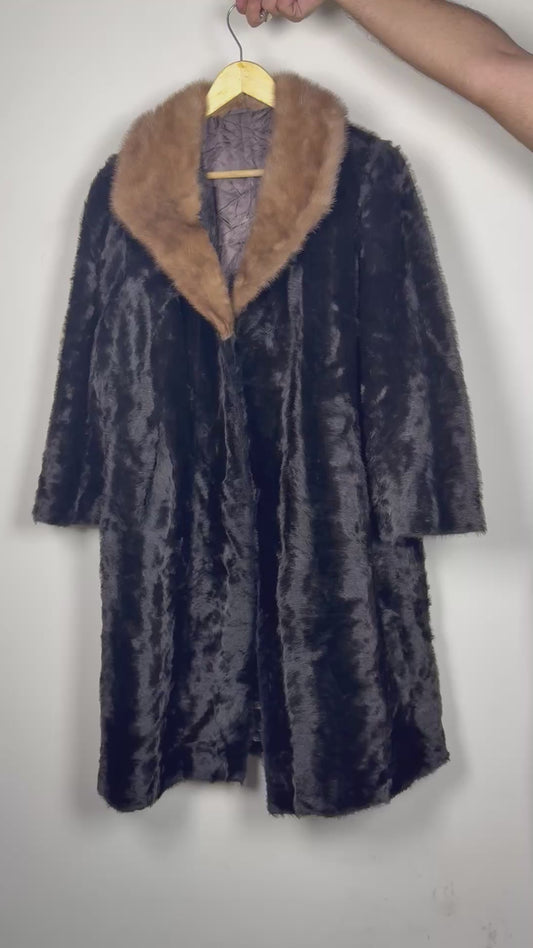 Winter Glam: Black Faux Fur Coat with Tan Collar